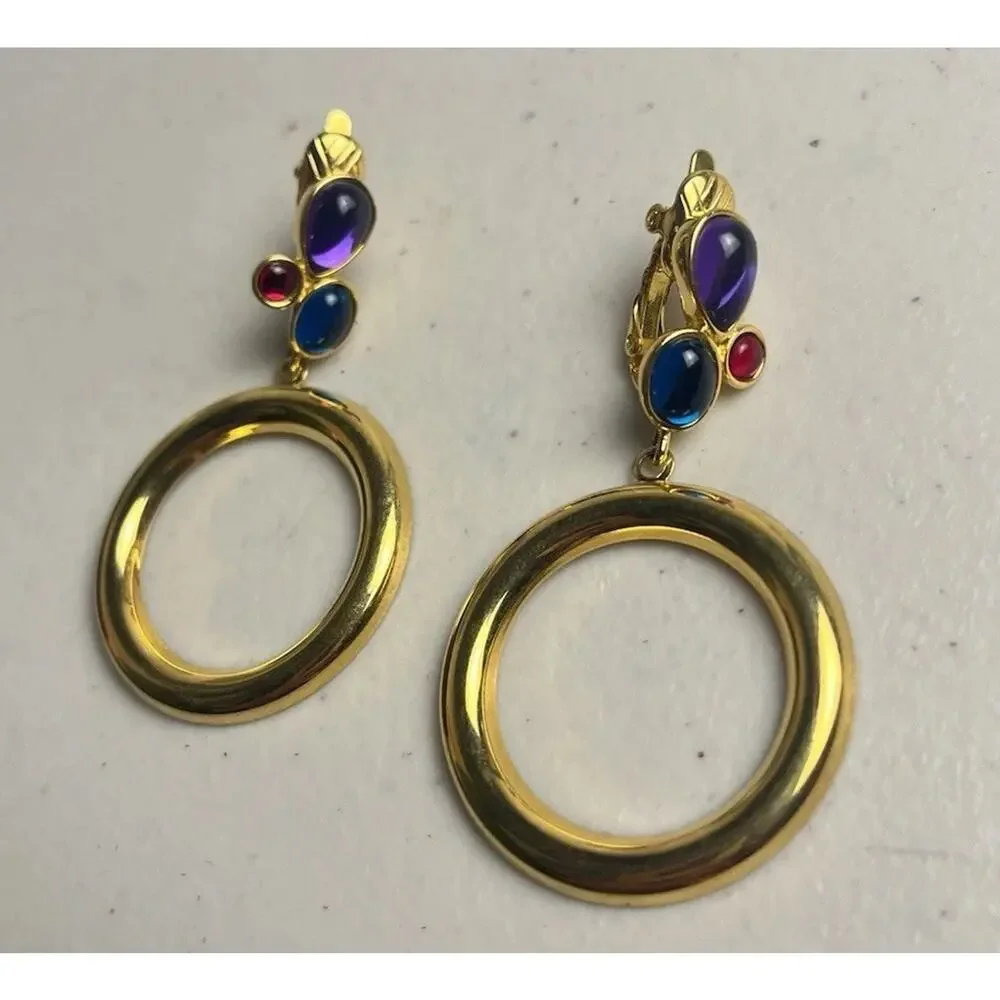 Trifari Clip On Earrings Lot Jelly Cabochon Door Knockers Starburst Gold Tone